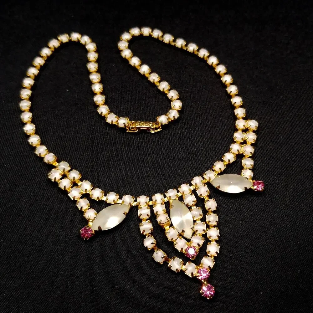 Frosty White Pink Rhinestone Necklace, Gold Plated, 1960s Vintage Jewelry